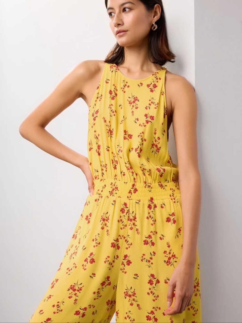 THAKOON Yellow Floral Sleeveless Back Button Closure Wide Leg Jumpsuit Size 6 - Picture 3 of 10